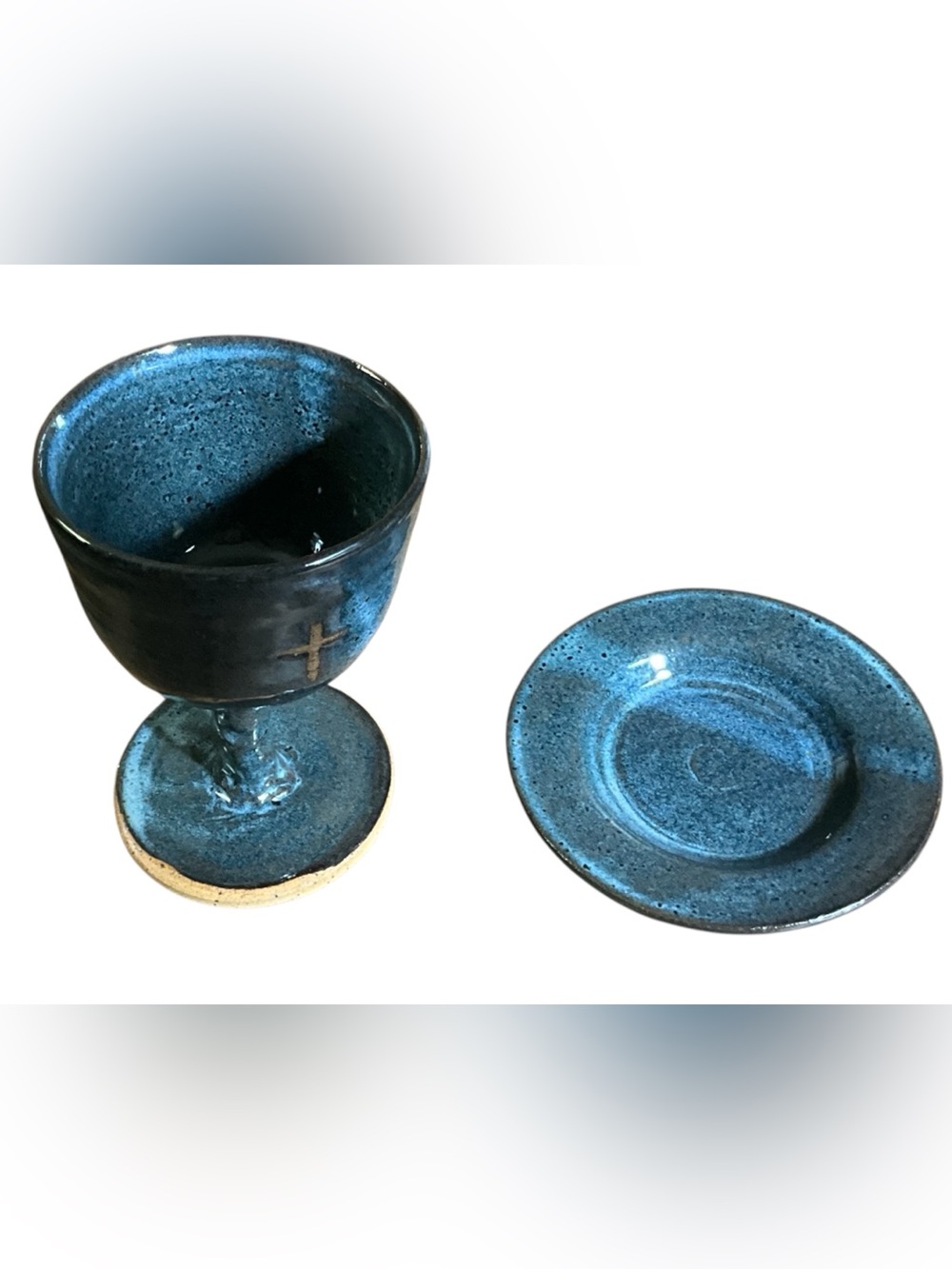 Handmade Studio Pottery Communion Chalice & Paten Blue Speckled Glaze Cross